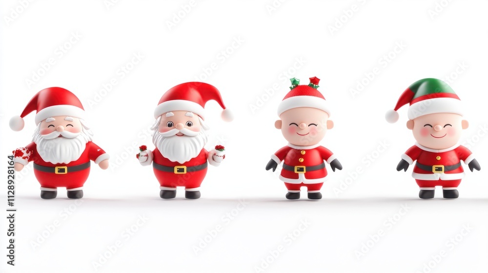 Collection of cute 3D Santa figures in different outfits, including a Santa suit and an elf hat, isolated on white Collection of cute 3D Santa figures in different outfits, including a Santa suit and an elf hat, isolated on white