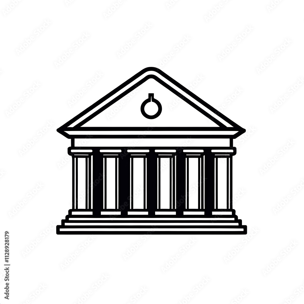 Classical Architecture: A line drawing of a stately building with a classic, symmetrical design. The structure is characterized by its columns, pediment, and circular element. Classical Architecture: A line drawing of a stately building with a classic, symmetrical design. The structure is characterized by its columns, pediment, and circular element.
