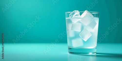 A glass with ice water and ice cubes on a blue background. A refreshing and chilling drink in hot weather. Isolate the free space. Copy space image. Place for adding text and design photo