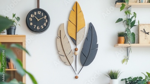 Wooden feather wall art decor in living room. photo