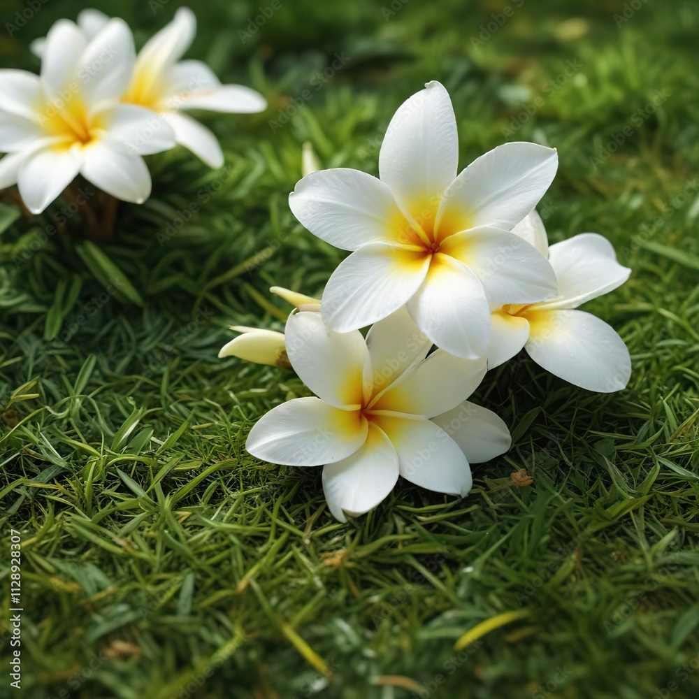 Naklejka premium Delicate white Frangipani flower lying on a soft grassy surface , fall from tree, delicate, calm