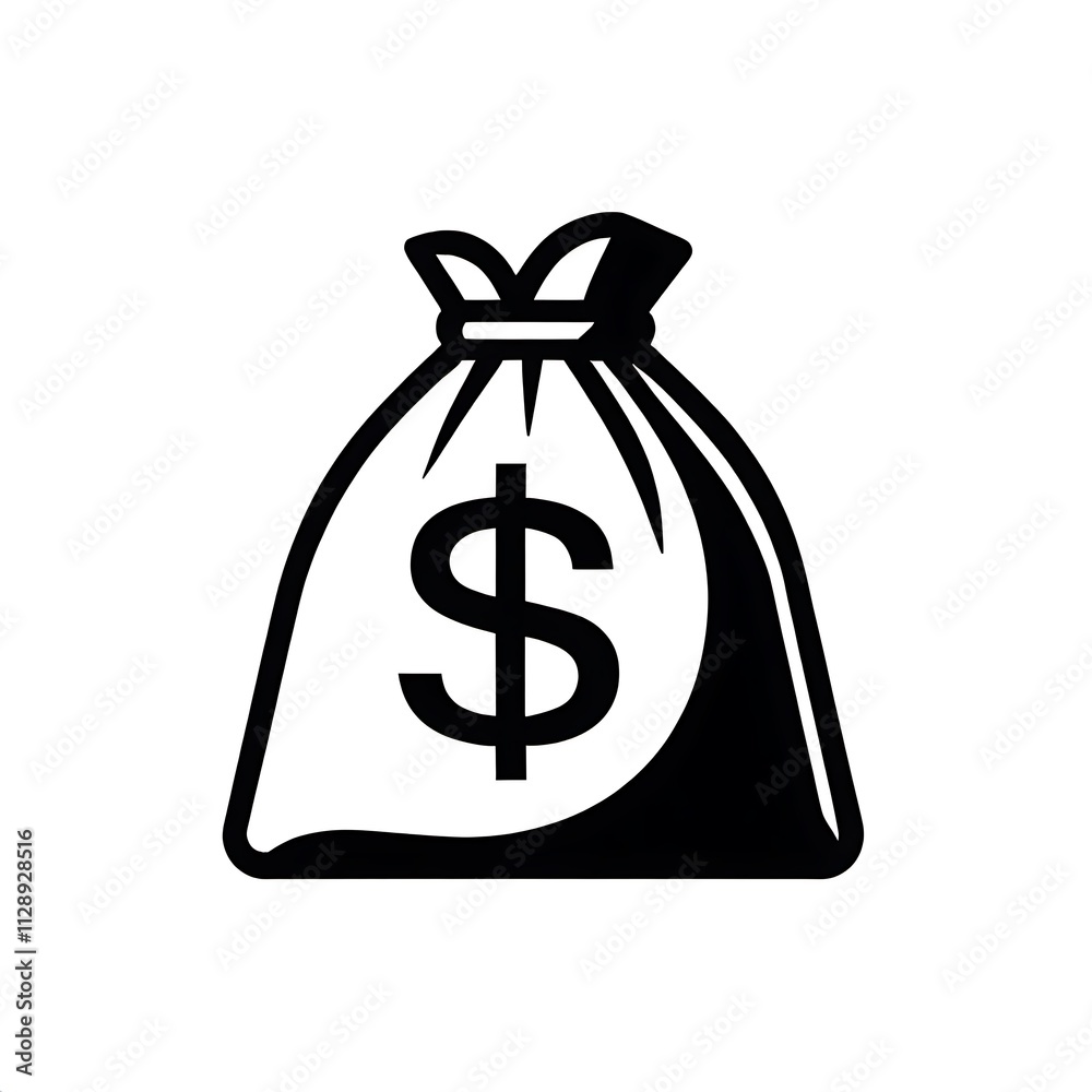 Money Bag Icon: A simple yet powerful black and white illustration of a money bag, symbolizing wealth, prosperity, and financial success. It's a versatile icon perfect for presentations, websites.