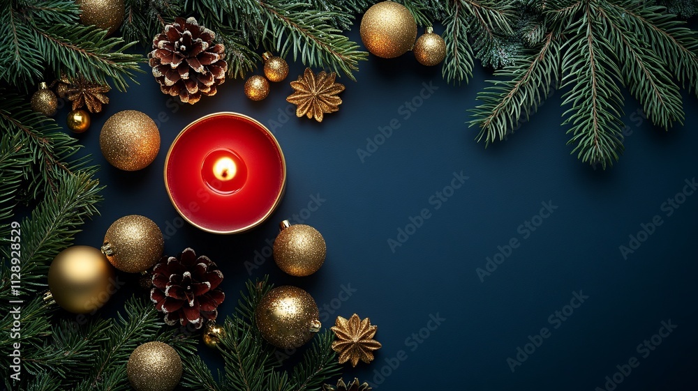 This enchanting greeting card showcases a glowing red Advent candle surrounded by classic holiday decorations in red and gold. Set against a dark blue background This enchanting greeting card showcases a glowing red Advent candle surrounded by classic holiday decorations in red and gold. Set against a dark blue background