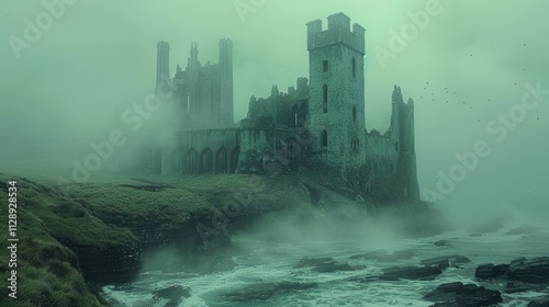 Misty ruins of an ancient castle on a foggy coastline.