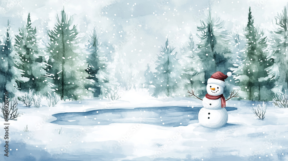 Obraz premium A snowman near a frozen pond surrounded by tall pine trees, with soft snowflakes falling, watercolor style