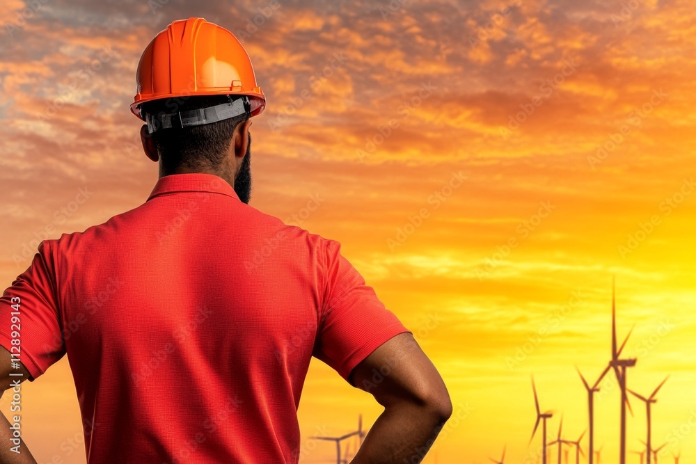 A soft watercolor painting of an engineer standing in front of a wind farm, with warm tones blending into a cloudy sky A soft watercolor painting of an engineer standing in front of a wind farm, with warm tones blending into a cloudy sky