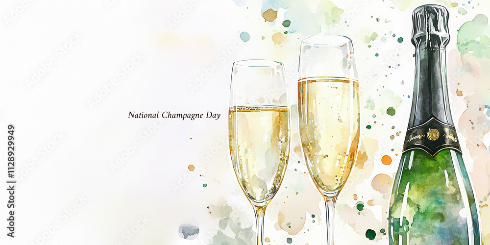 Watercolor illustration of a champagne bottle with two flute glasses filled with golden bubbles, surrounded by festive splashes for National Champagne Day. Watercolor illustration of a champagne bottle with two flute glasses filled with golden bubbles, surrounded by festive splashes for National Champagne Day.