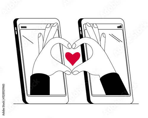 Hands from different phones show a heart gesture. Virtual love at a distance. Vector cartoon style illustration on the topic of online dating.