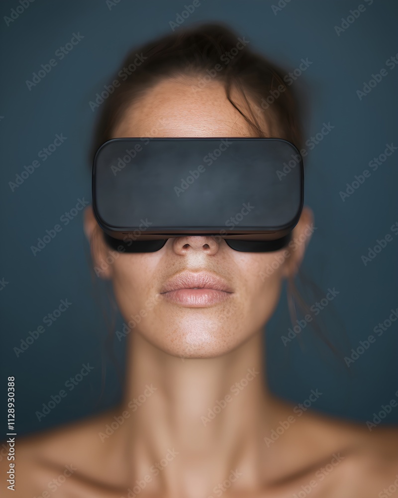 Woman experiencing virtual reality with sleek VR headset Woman experiencing virtual reality with sleek VR headset