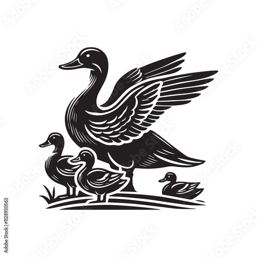 Duck Silhouette Vector Illustration, Solid White Background.