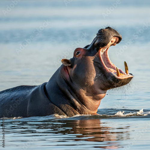 hippo is sitting in the water opening his mouth photo