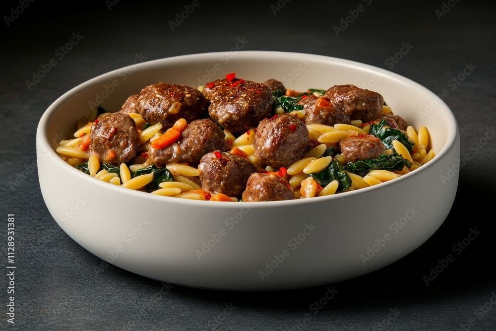 Plato de pasta con albóndigas, espinacas y zanahorias, servido con salsa de tomate en un tazón blanco.
Plato de pasta con albóndigas, espinacas y zanahorias, servido con salsa de tomate en un tazón blanco.