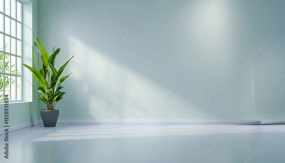 Minimalist room with sunlight and potted plant by large window. Minimalist room with sunlight and potted plant by large window.