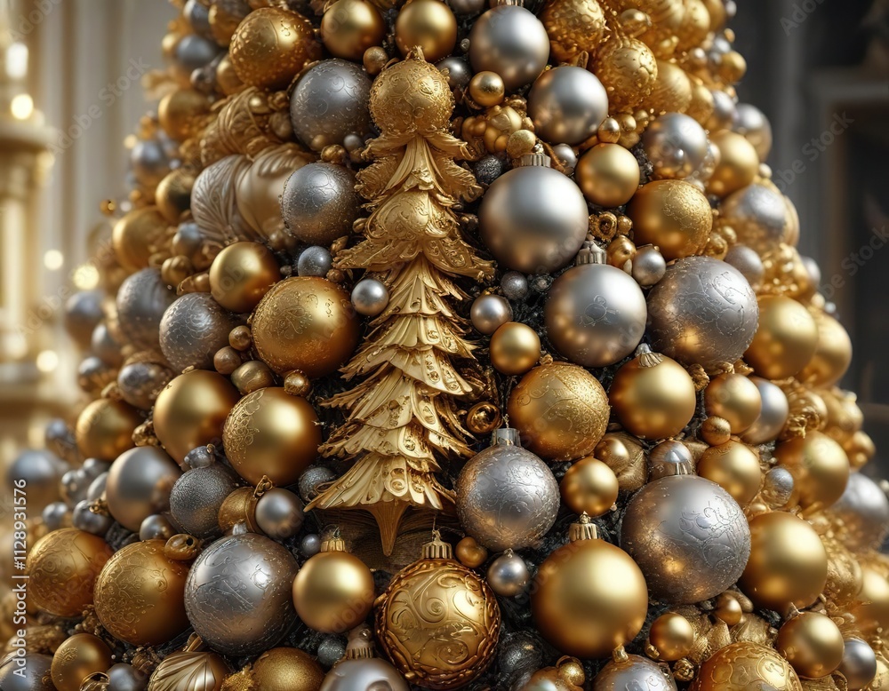 A majestic pile of golden and silver ornaments forming a towering Christmas tree shape, adorned with intricate details, silver, gold, festive A majestic pile of golden and silver ornaments forming a towering Christmas tree shape, adorned with intricate details, silver, gold, festive