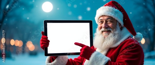 Santa Claus holds a big digital tablet with a blank white screen pointing at it with his hand. Snowy backdrop. Wintery scene, with a bright moon shining in the background photo