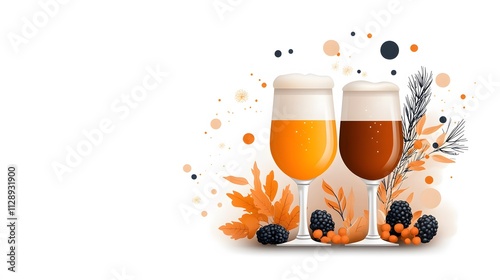 International beer day graphic with frothy beer mugs, hop plants, and festive elements, flat vector design photo