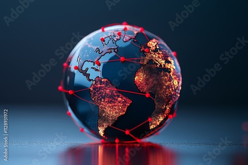 A visual representation of global connections on a digital globe, with red lines and markers symbolizing the epidemic spread
