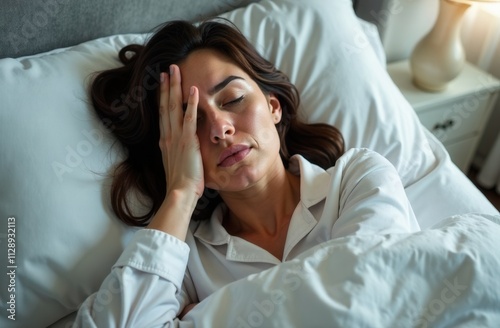 sick woman in light pajamas lies in bed