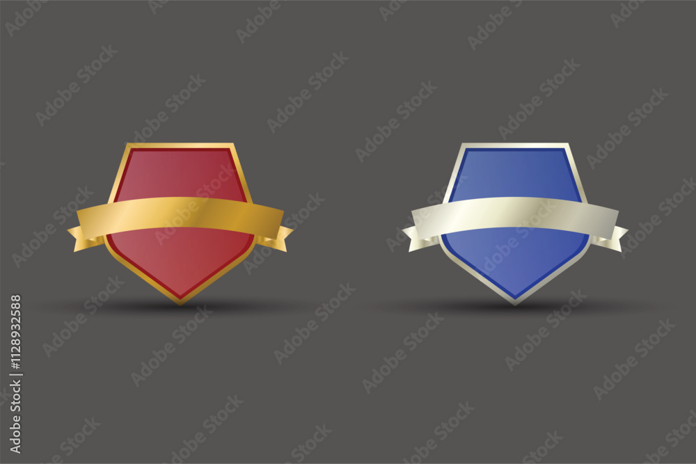 Red and Blue shield vector for label, seal, stamp, icon, logo, badge, symbol, sticker, and button. Luxurious Badge design with golden and silver colors on a dark background. Red and Blue shield vector for label, seal, stamp, icon, logo, badge, symbol, sticker, and button. Luxurious Badge design with golden and silver colors on a dark background.