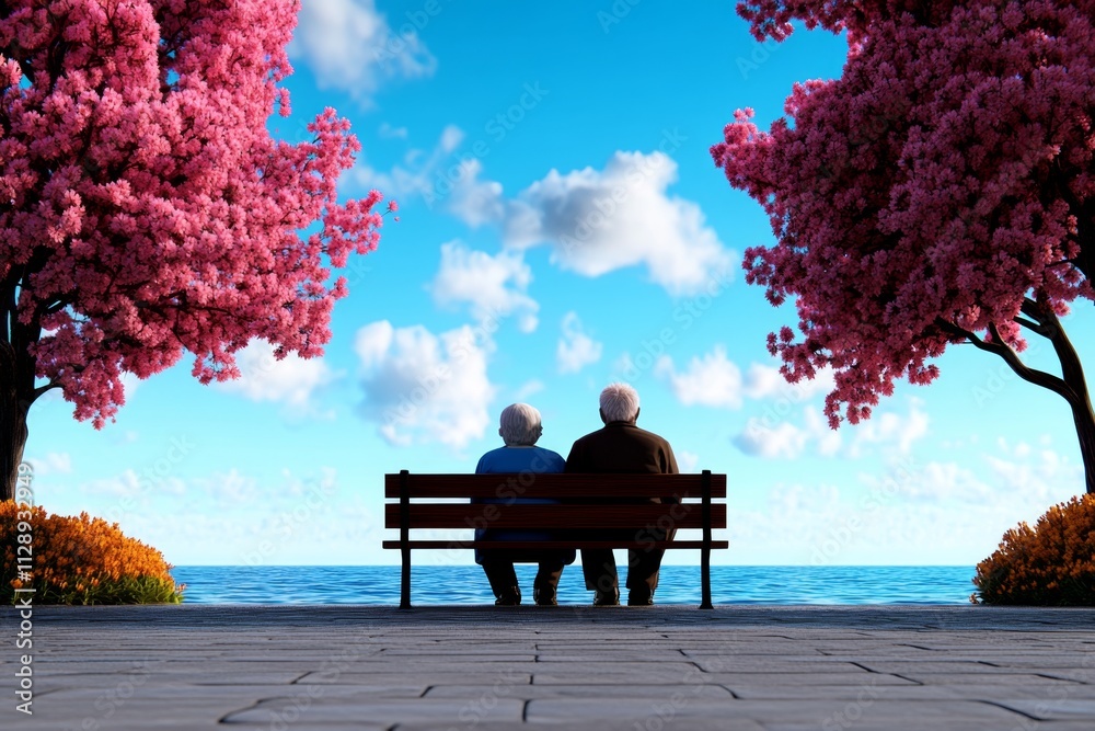 A 3D-rendered scene of an elderly couple sitting on a park bench, surrounded by vibrant, lifelike flowers and trees A 3D-rendered scene of an elderly couple sitting on a park bench, surrounded by vibrant, lifelike flowers and trees