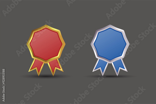Flat vector illustration of gold and bronze medal suitable for design element of award medal, best prize badge, and winner symbol. Round Shape Badge with red and blue ribbons on a Dark Background.
