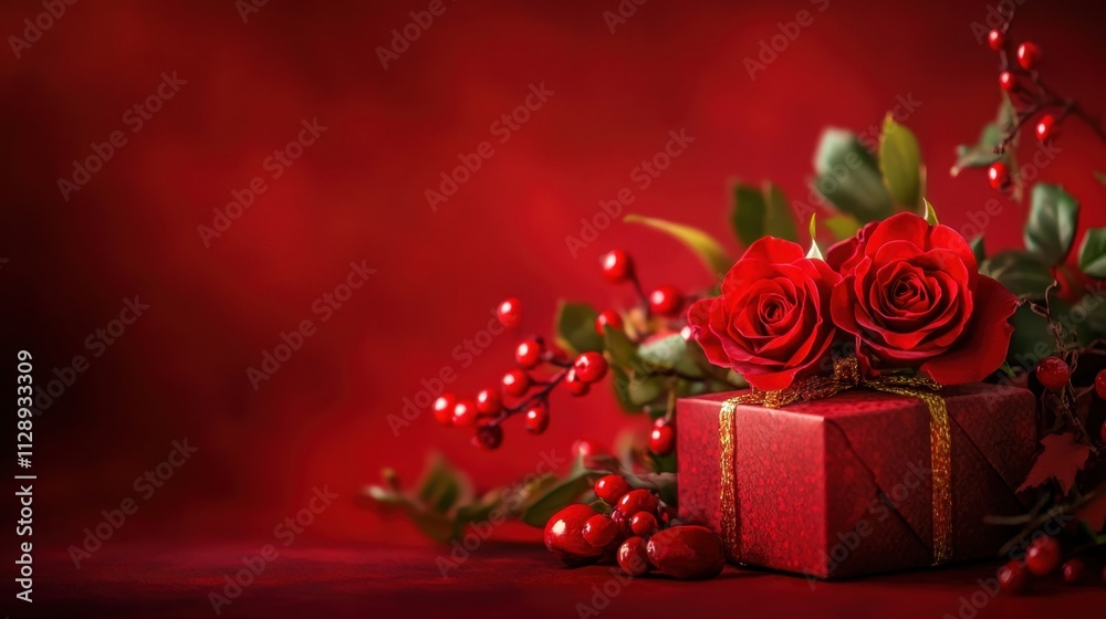 Elegant Red Rose Arrangement with Gift Box on Red Background Elegant Red Rose Arrangement with Gift Box on Red Background