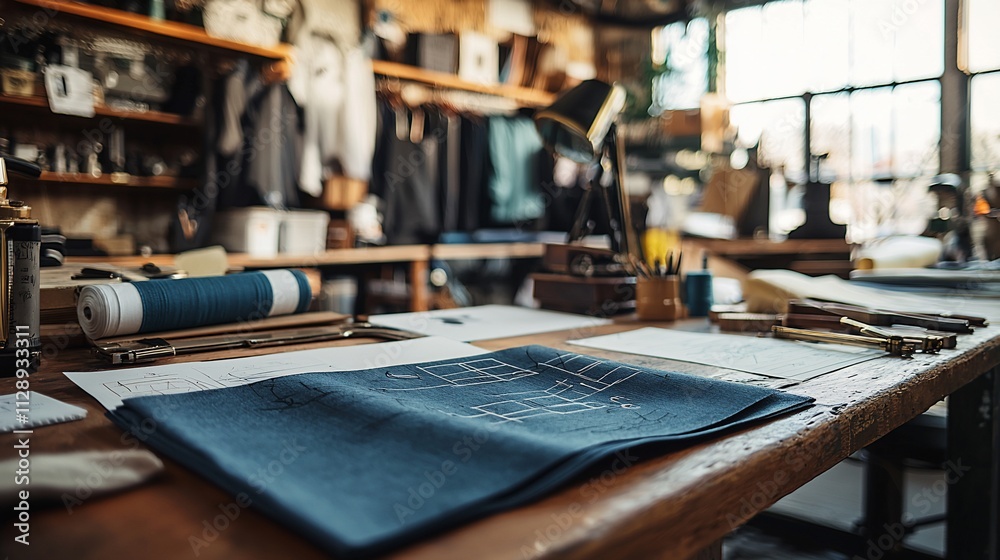 Tailor's workshop with fabric and patterns on wooden table. Tailor's workshop with fabric and patterns on wooden table.