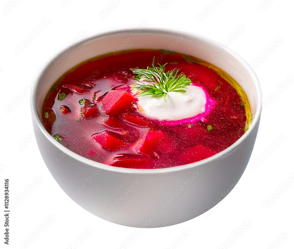 Borscht soup in white bowl on white background isolated on transparent background Borscht soup in white bowl on white background isolated on transparent background