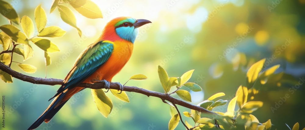Vibrant RainbowColored Bird Perched on Branch in Sunny Garden