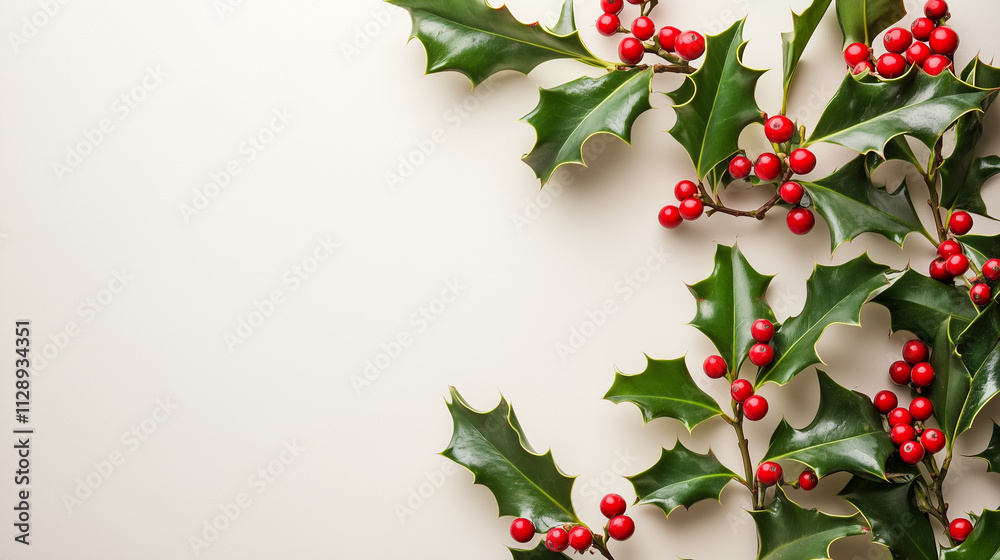 Fototapeta premium A curved holly vine with leaves and clusters of berries in each corner, light background, copy space