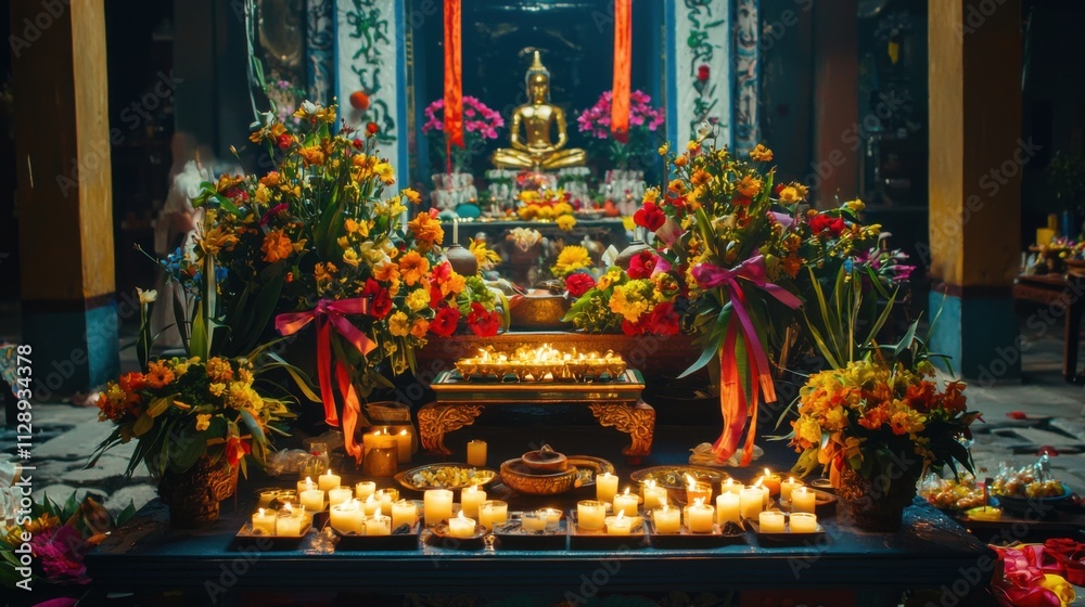 Obraz premium Ornate Buddhist Shrine with Flower Offerings and Candles in Temple