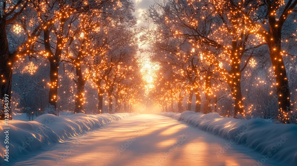 Naklejka premium Magical Christmas wonderland, snowy path with holiday lights, festive winter scene, mystical snowy landscape