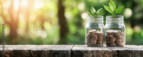Mason jars filled with coins and growing plants, sustainable investment concept. Golden hour nature background. Green financial growth metaphor with copy space. 8k banner
