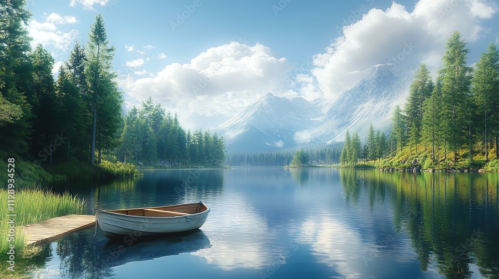 A serene lake surrounded by mountains and trees, with a small boat by the shore.