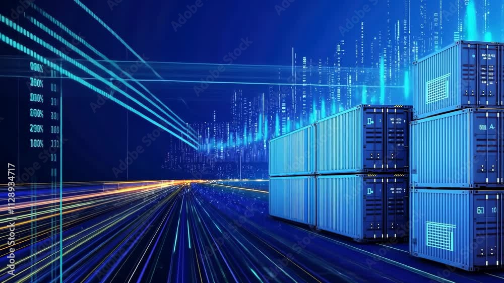 Futuristic Data Center with Shipping Containers and Digital Connections in Blue Color Scheme