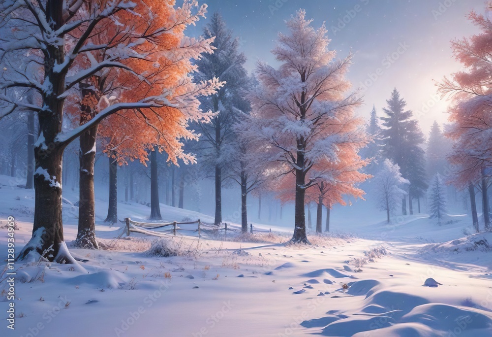 Elegant Snowy Landscape Border with Trees and Snowflakes, mistletoe, winter wonderland, seasonal decoration Elegant Snowy Landscape Border with Trees and Snowflakes, mistletoe, winter wonderland, seasonal decoration