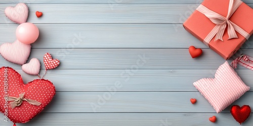 Decoración con cajas de regalo, corazones de tela y detalles románticos sobre una superficie de madera clara, perfecta para San Valentín.

