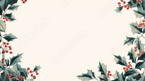 A seamless holly border with alternating leaves and berries along the top and bottom, light background, copy space photo