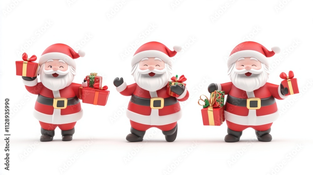 Set of playful 3D Santa figures playing with toys and carrying presents, ready for Christmas fun, isolated on white Set of playful 3D Santa figures playing with toys and carrying presents, ready for Christmas fun, isolated on white