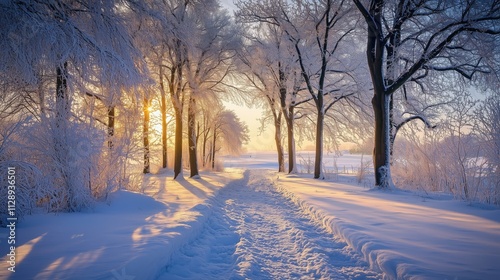 Sunlit snowy path through winter trees at sunrise. (1)