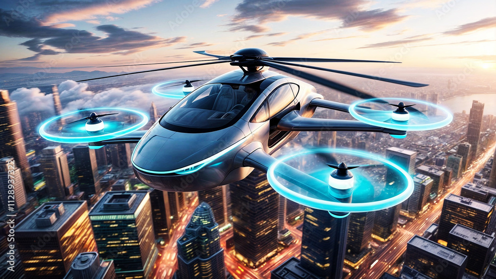 A futuristic sleek black and blue autonomous air taxi car flying over a sprawling cityscape during sunset. A futuristic sleek black and blue autonomous air taxi car flying over a sprawling cityscape during sunset.