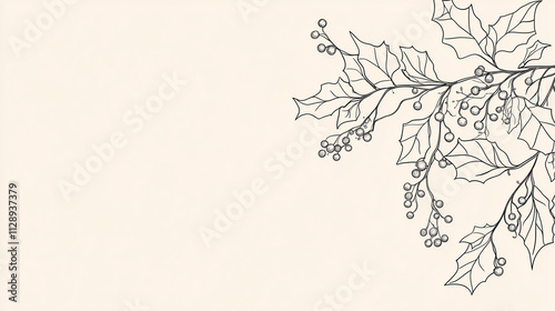 A minimalist line-art holly design with simple leaf outlines and small berry clusters, light background, copy space