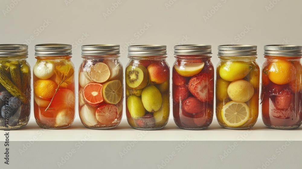 Beautifully pickled fruits in clear jars, set against a neutral background to emphasize their vibrant colors and appetizing appeal