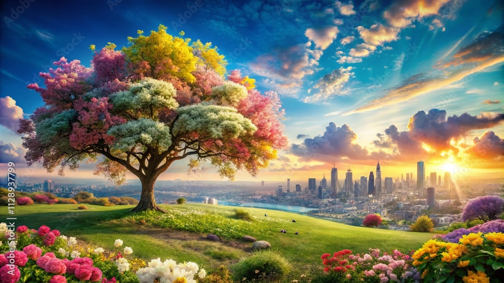 Dreamy Landscape with Blooming Tree, Colorful Flowers and Futuristic City Under Bright Blue Sky with Fluffy Clouds - Perfect for Nature and Urban Fusion Themes Dreamy Landscape with Blooming Tree, Colorful Flowers and Futuristic City Under Bright Blue Sky with Fluffy Clouds - Perfect for Nature and Urban Fusion Themes