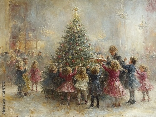 Children gather around a large decorated Christmas tree in a grand hall, celebrating the holiday season.