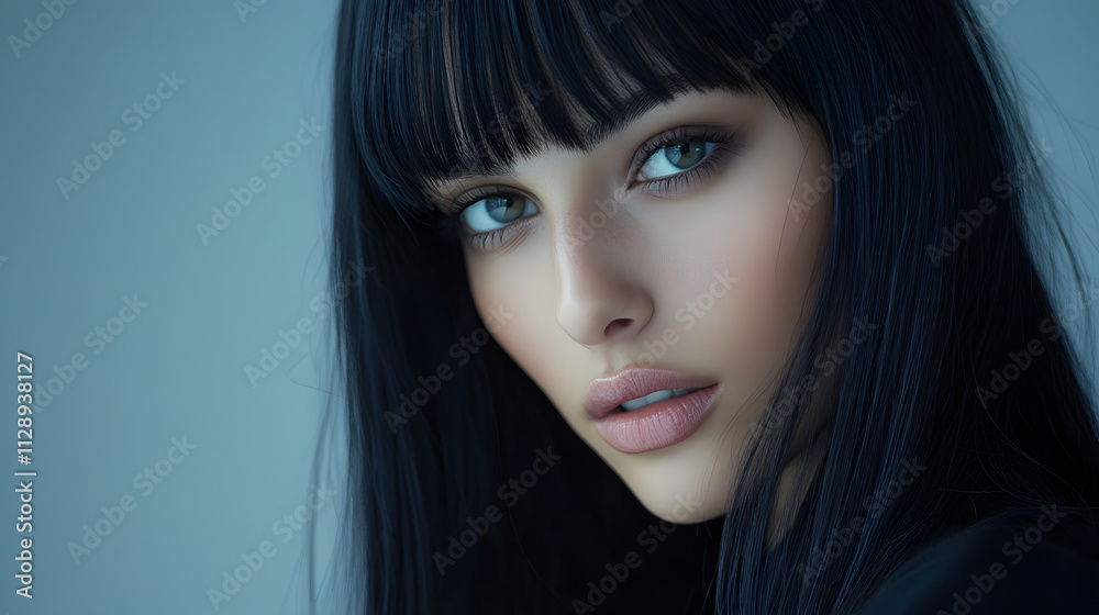 A high-fashion editorial featuring long jet-black hair styled with blunt bangs. A high-fashion editorial featuring long jet-black hair styled with blunt bangs.