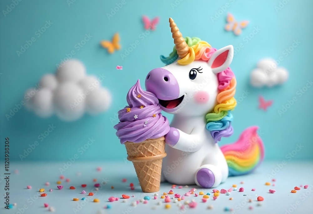Fototapeta premium a unicorn is standing in front of an ice cream cone.