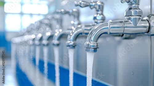 tap metal usage. Row of shiny faucets dispensing clean water in a modern setting, highlighting plumbing and hygiene.