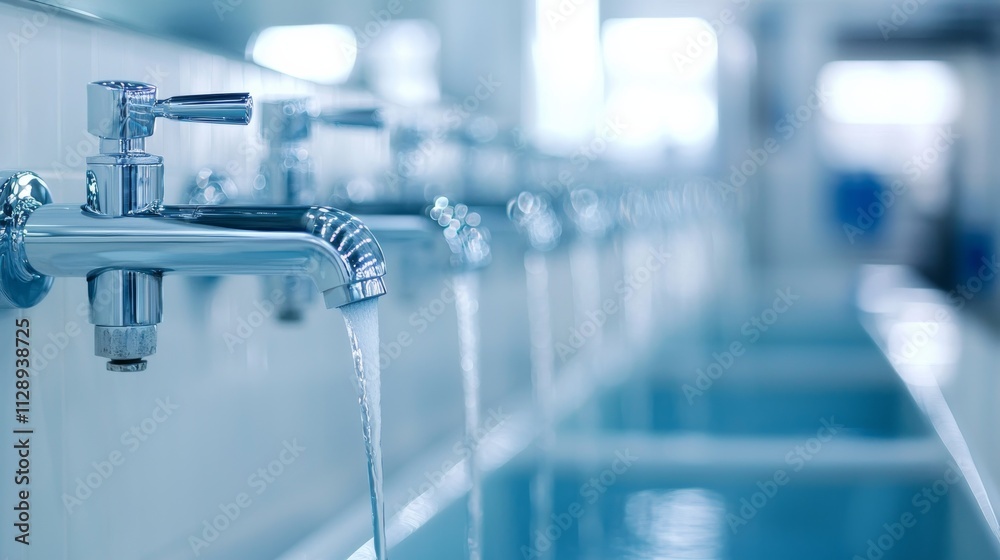 tap metal usage. Close-up of shiny water faucets with flowing water in a clean, modern environment, highlighting hygiene and utility.