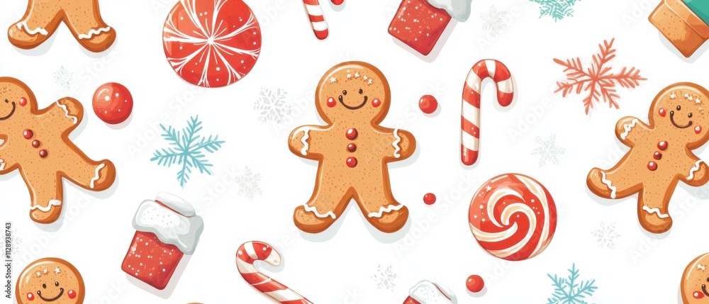 Fototapeta premium Delightful Christmas Seamless Pattern with Gingerbread Men, Candy Canes, and Lollipops